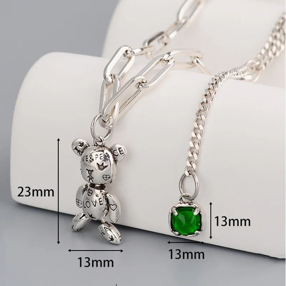 New - Anthropologie Patina Silver Cute Bear Love Peace Heart Necklace - Picture 4 of 15